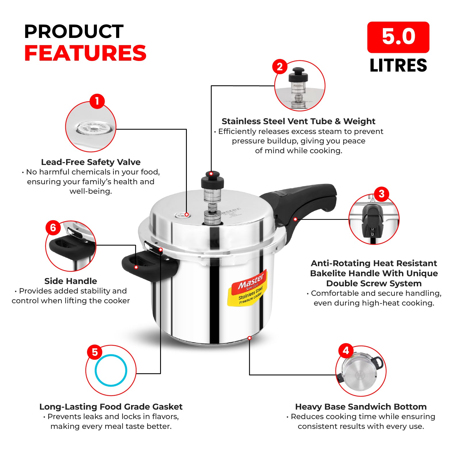 Smart 5L Stainless Steel Outer Lid Pressure Cooker - Induction Base