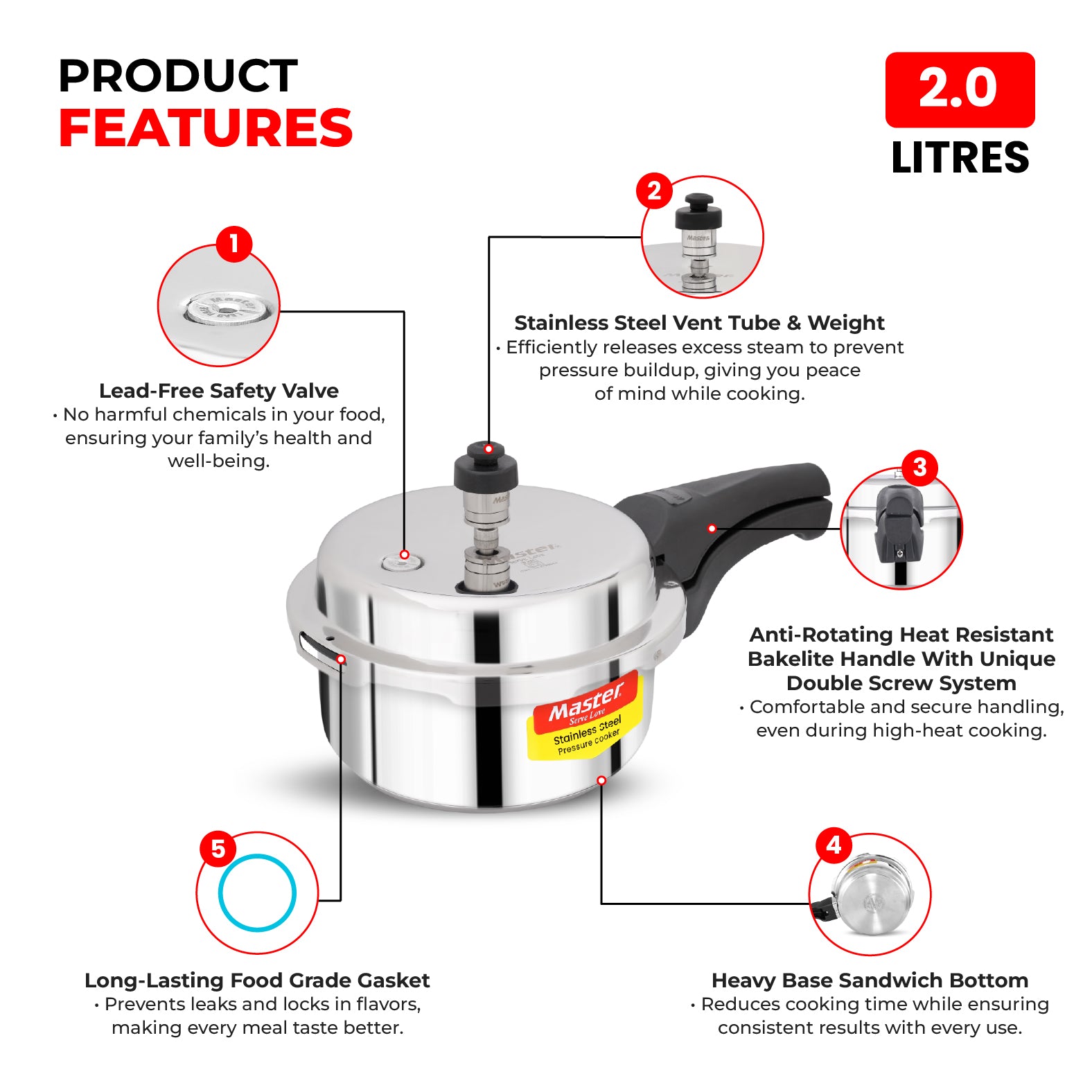 Smart 2L Stainless Steel Outer Lid Pressure Cooker - Induction Base - Master