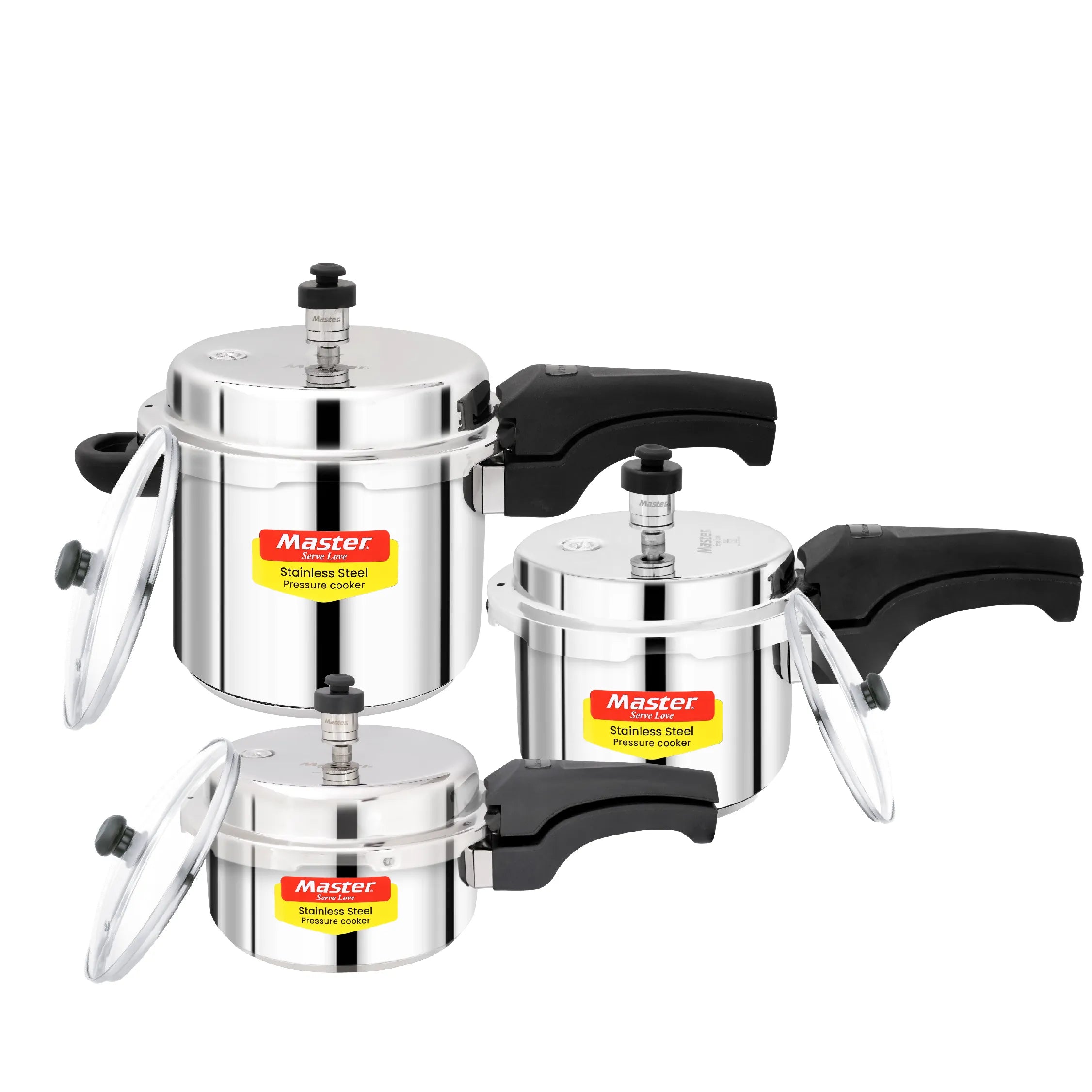 Magnum Plus Mega Trio Stainless Steel Outer Lid Pressure Cooker Combo with Induction Base 5L 3L 2L Pan 3 Glass lid