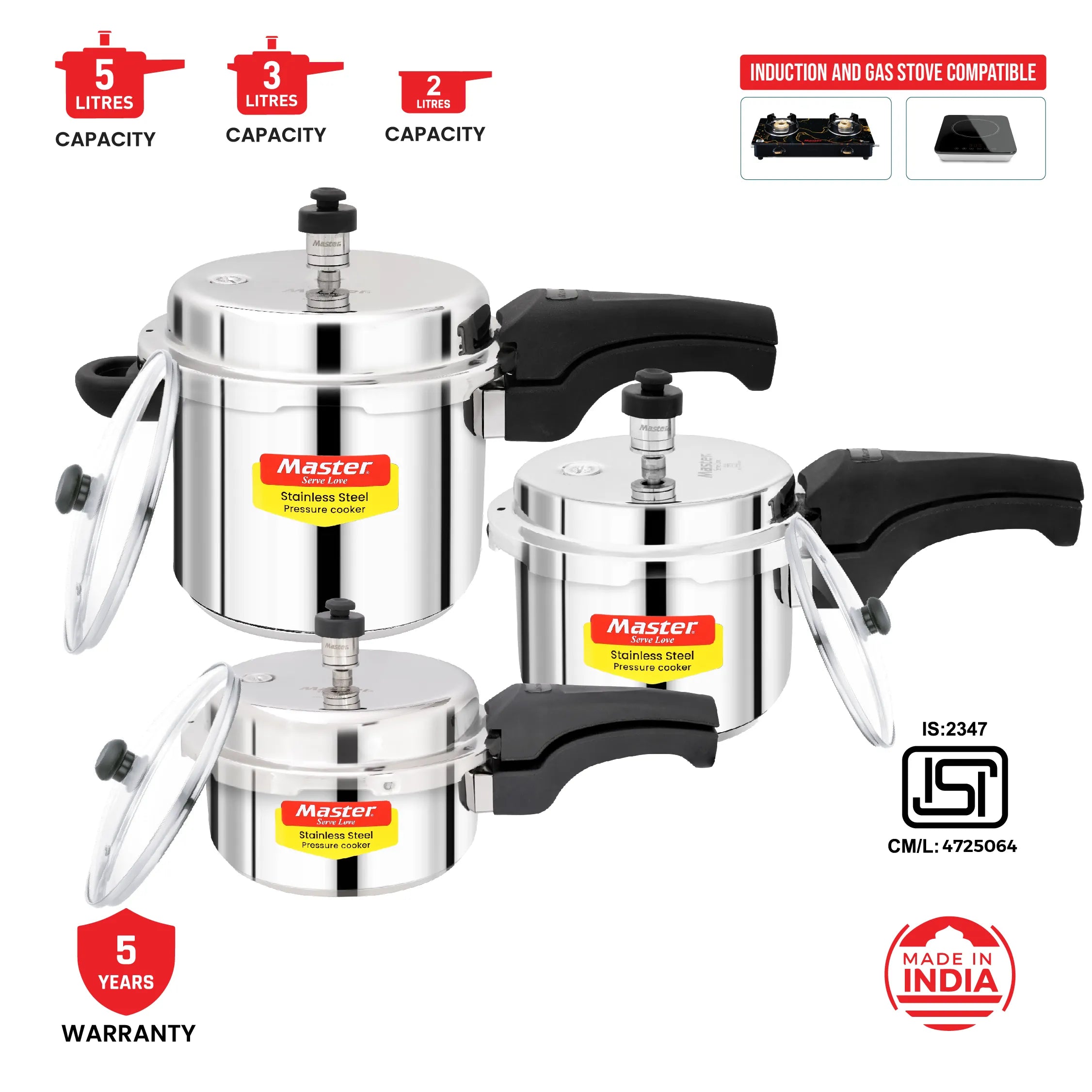 Magnum Plus Mega Trio Stainless Steel Outer Lid Pressure Cooker Combo with Induction Base - 5L + 3L + 2L Pan + 3 Glass lid