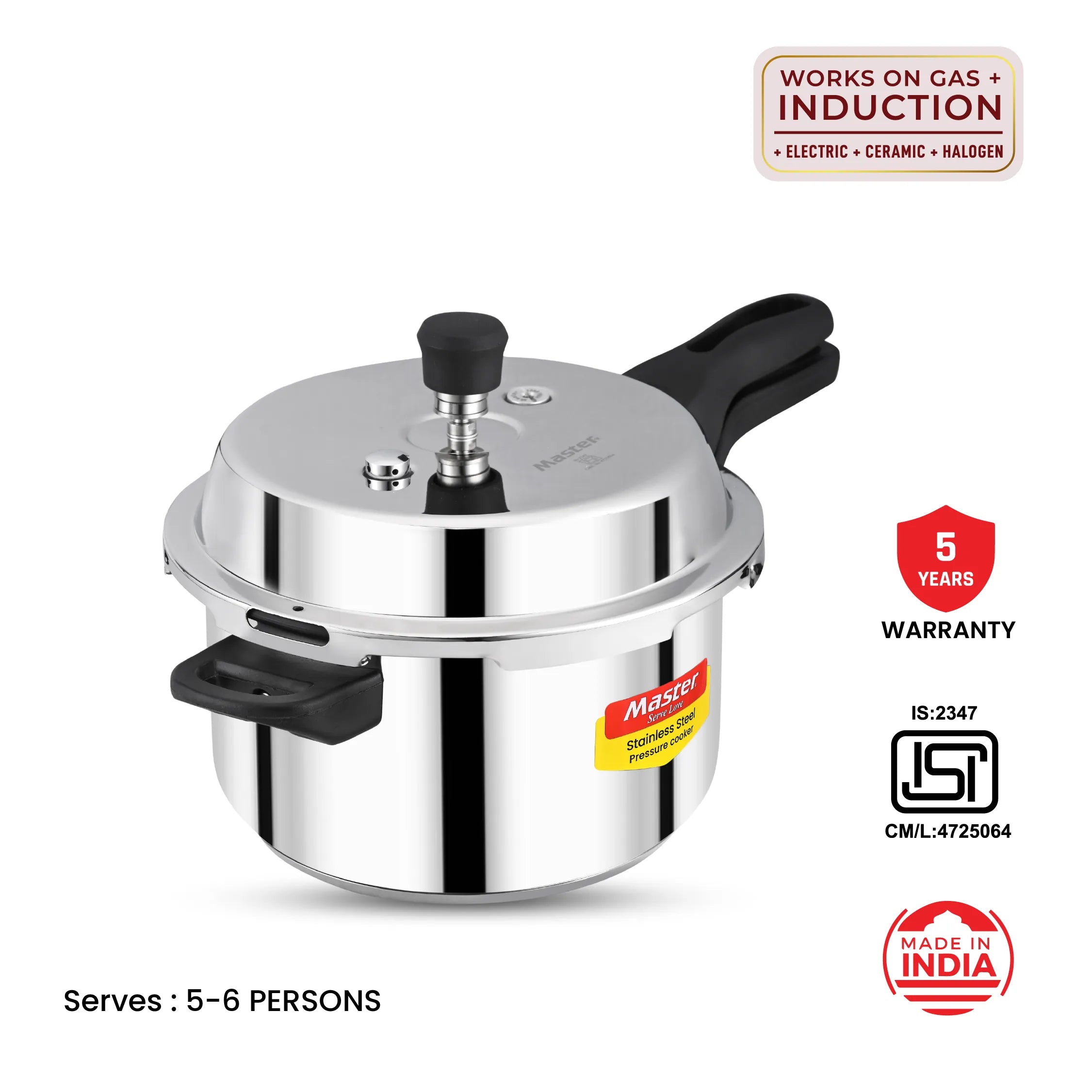 Prima 5L Stainless Steel Outer Lid Pressure Cooker - Induction Base