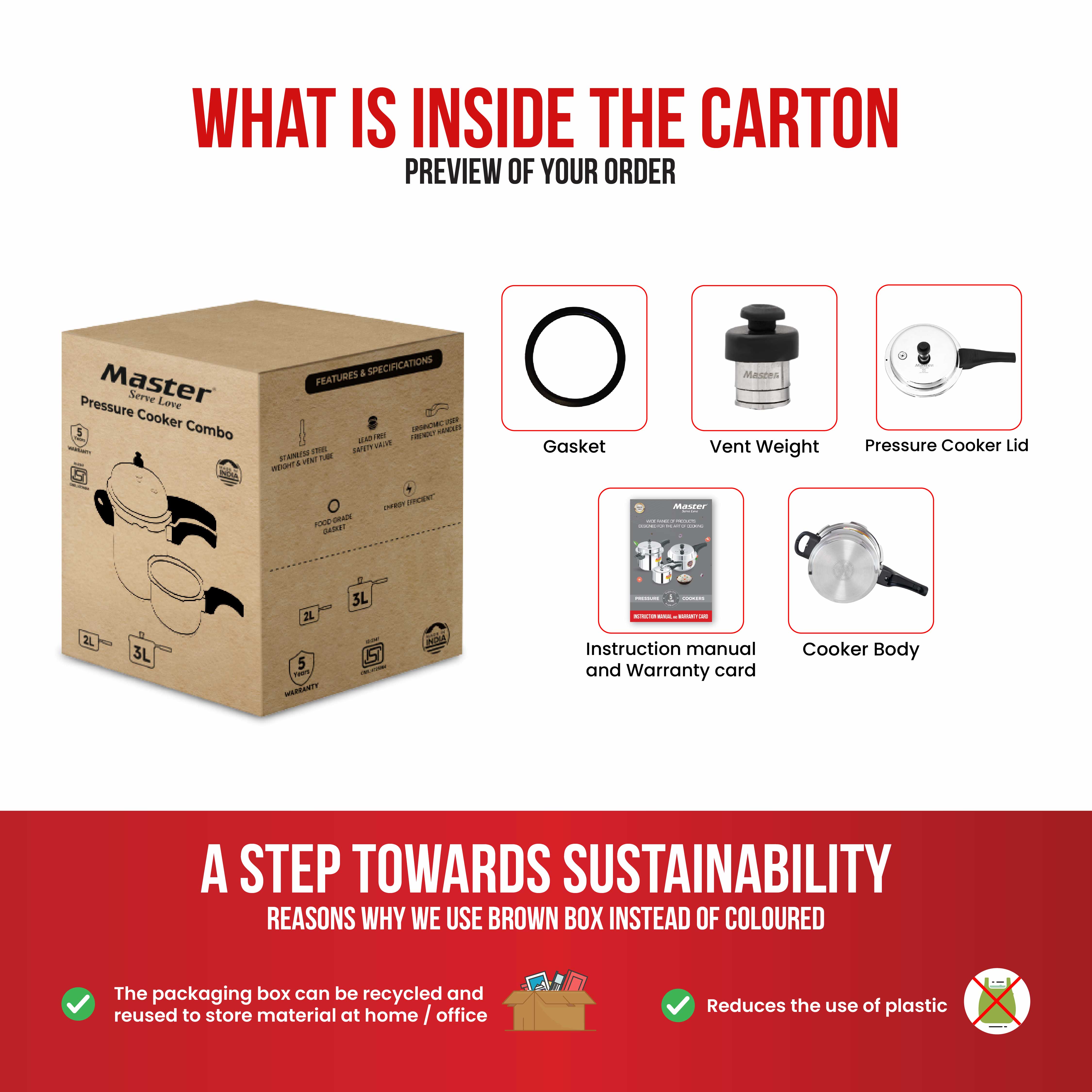 Smart Stainless Steel Outer Lid Pressure Cooker Combo - 3L + 2L Pan - Induction Base - Master