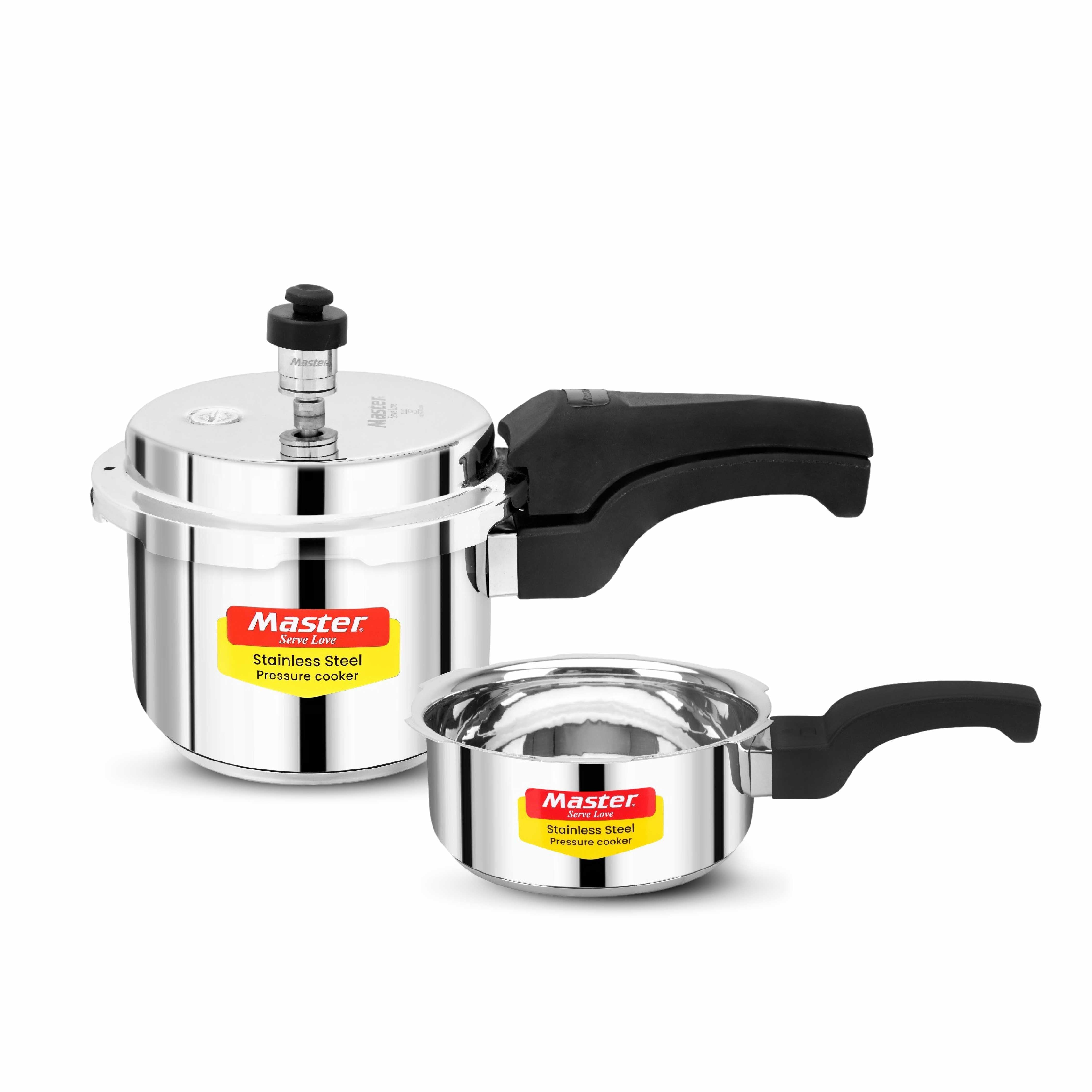 Smart Stainless Steel Outer Lid Pressure Cooker Combo - 3L + 2L Pan - Induction Base - Master
