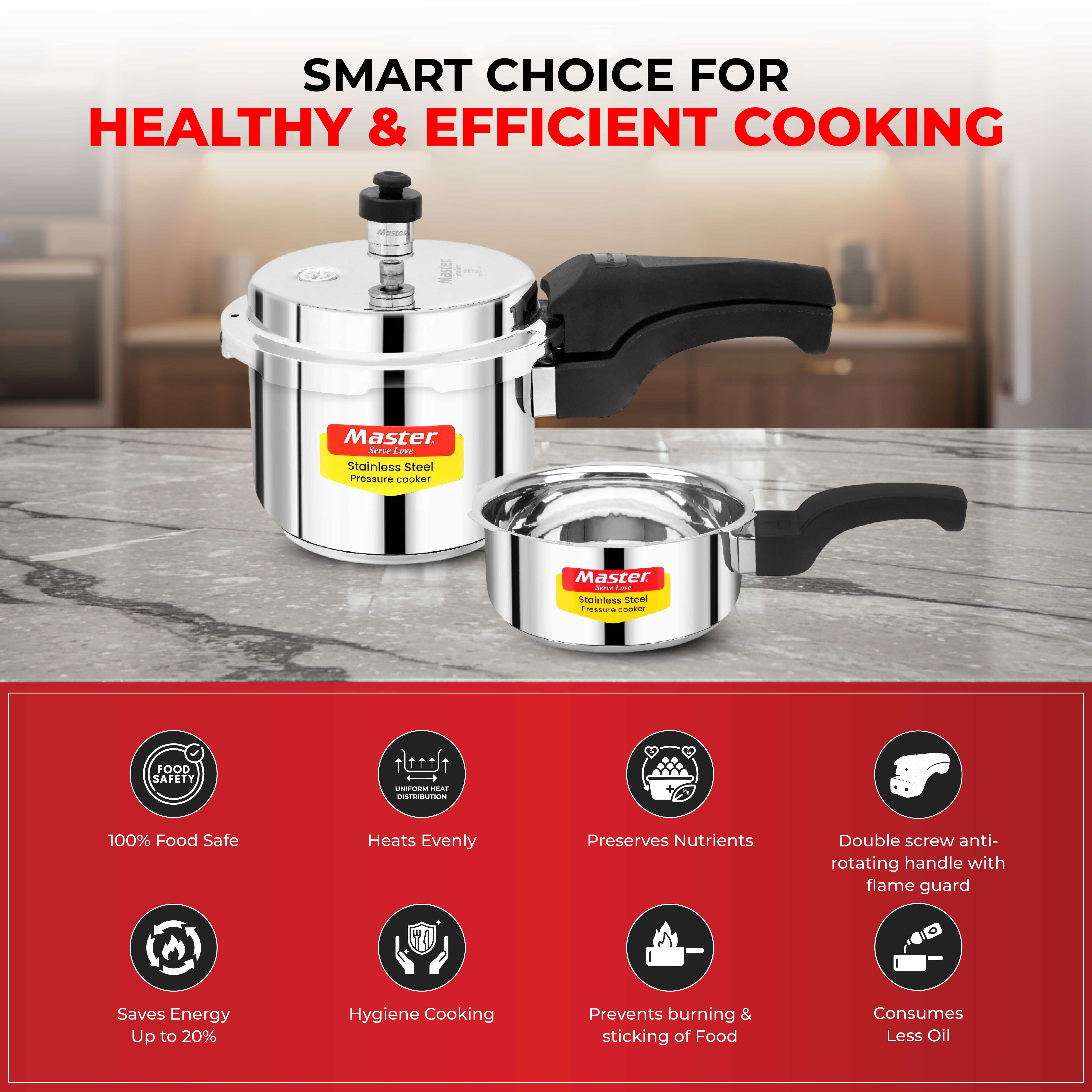 Smart Stainless Steel Outer Lid Pressure Cooker Combo - 3L + 2L Pan - Induction Base - Master