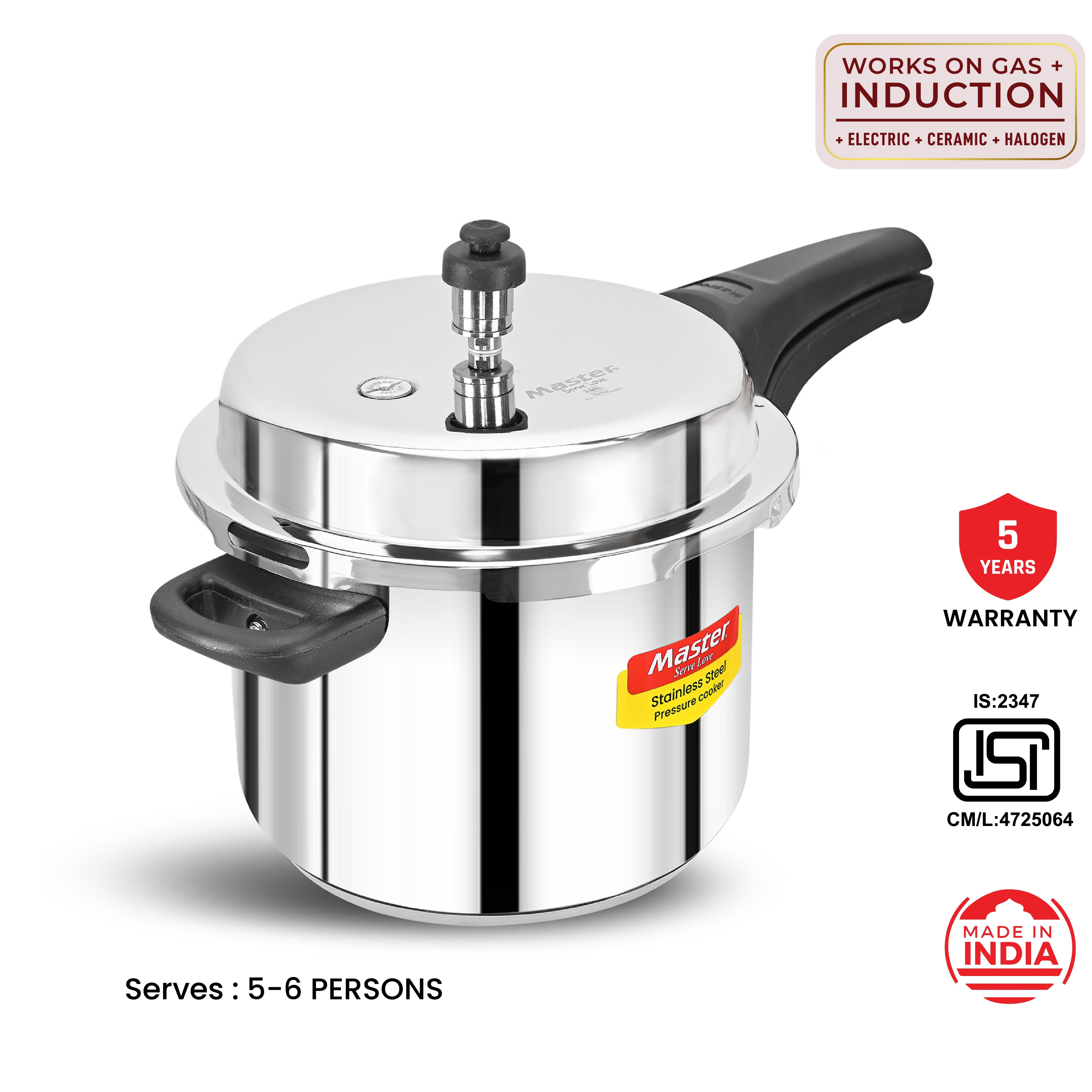 Smart 5L Stainless Steel Outer Lid Pressure Cooker - Induction Base