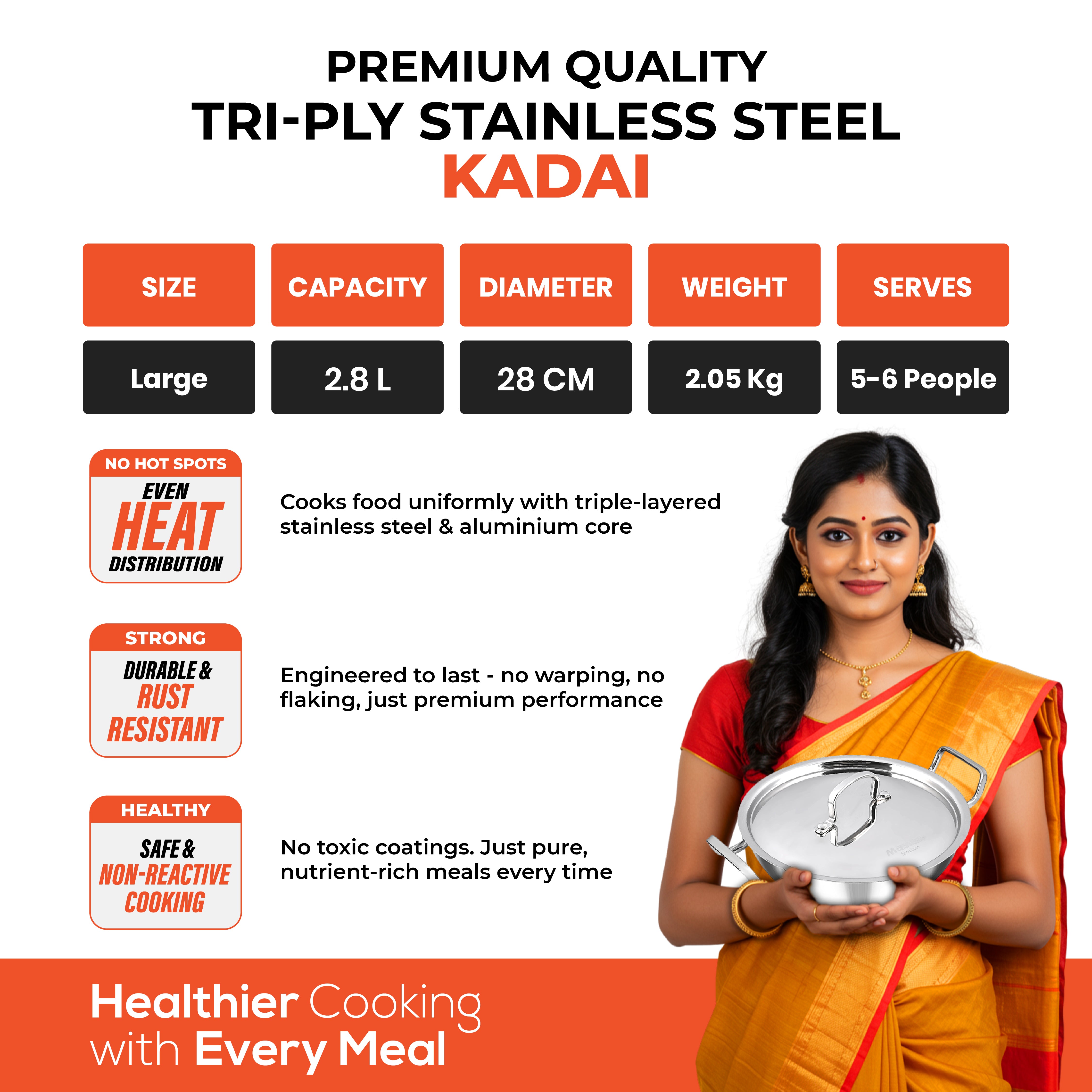 Titan 28cm Kadai with Steel Lid - Master