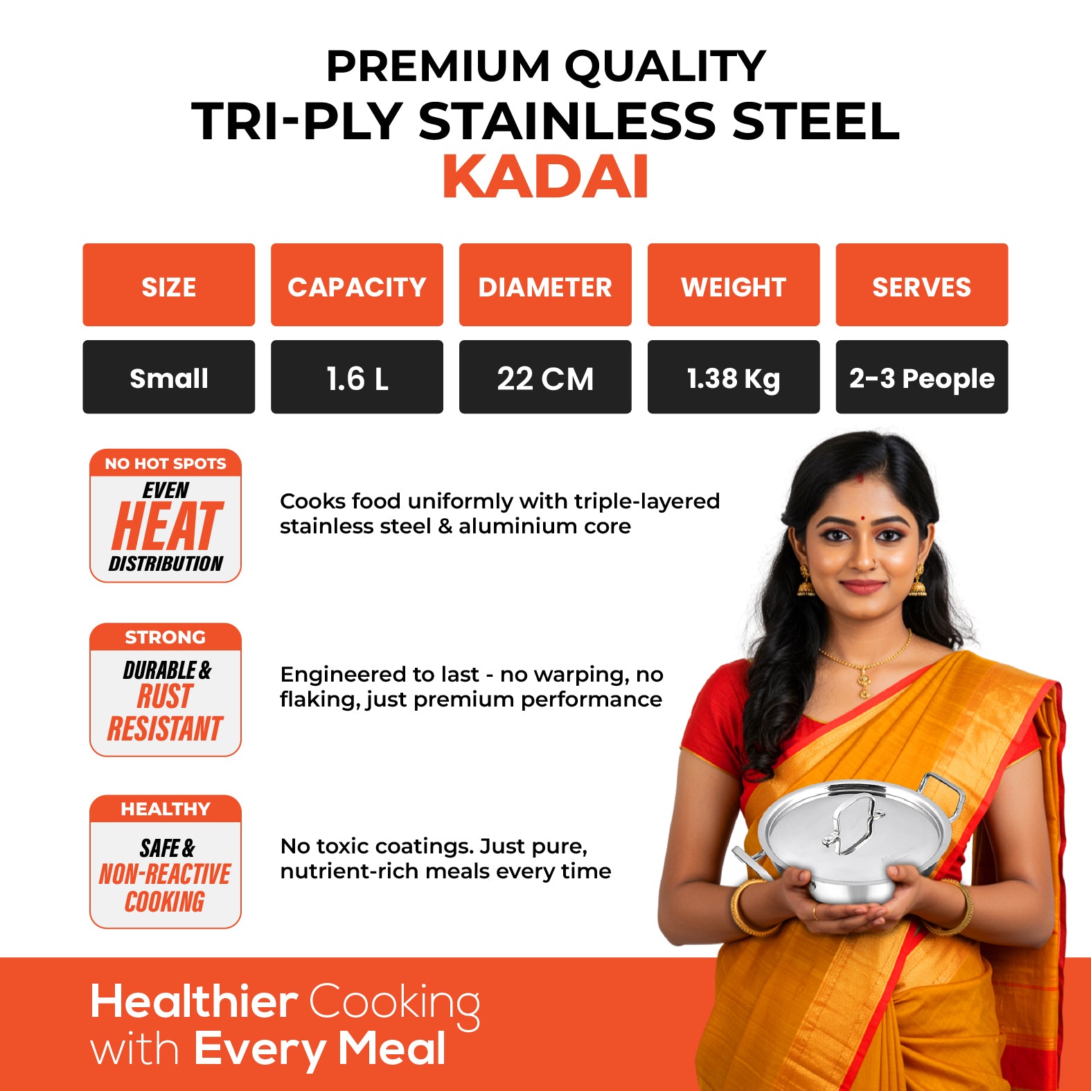 Titan 22cm Kadai with Steel Lid - Master
