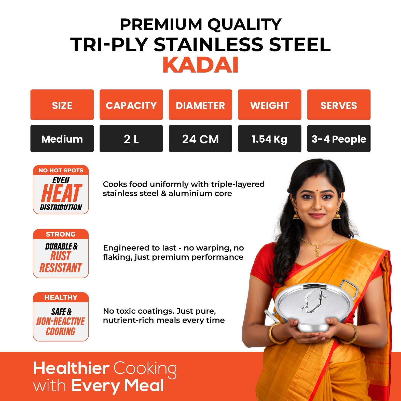 Titan 24 cm Kadai with Steel Lid - Master
