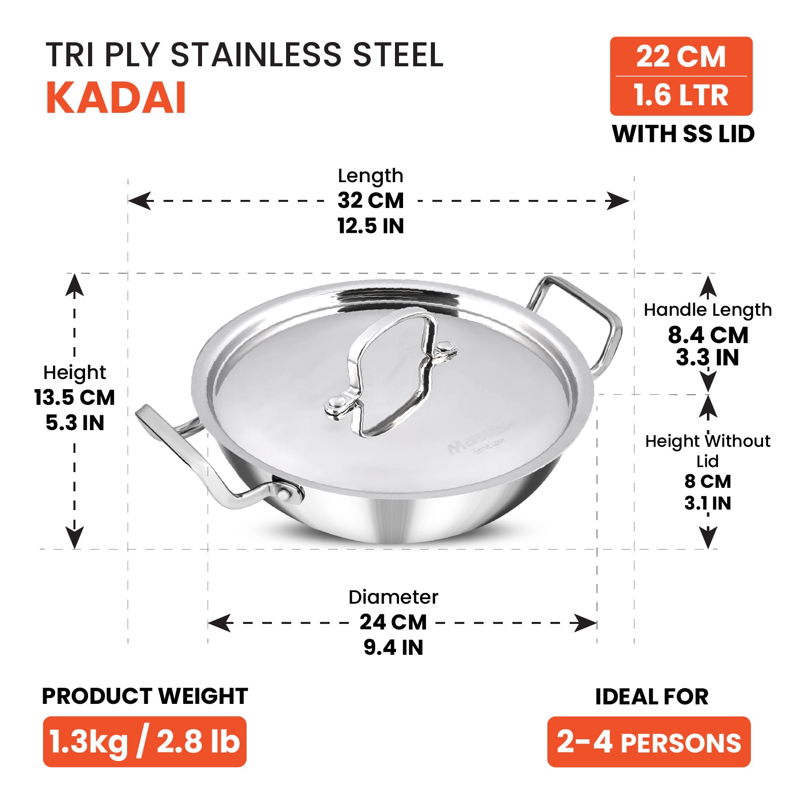 Titan 22cm Kadai with Steel Lid - Master