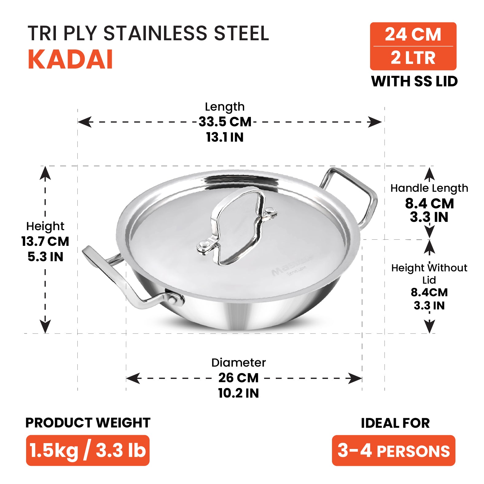 Titan 24 cm Kadai with Steel Lid - Master