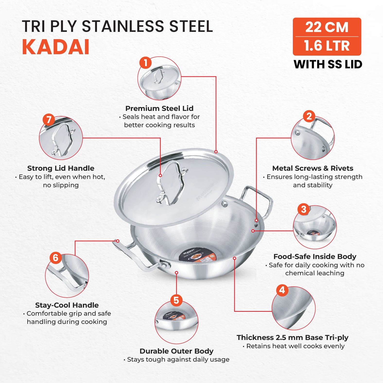 Titan 22cm Kadai with Steel Lid - Master