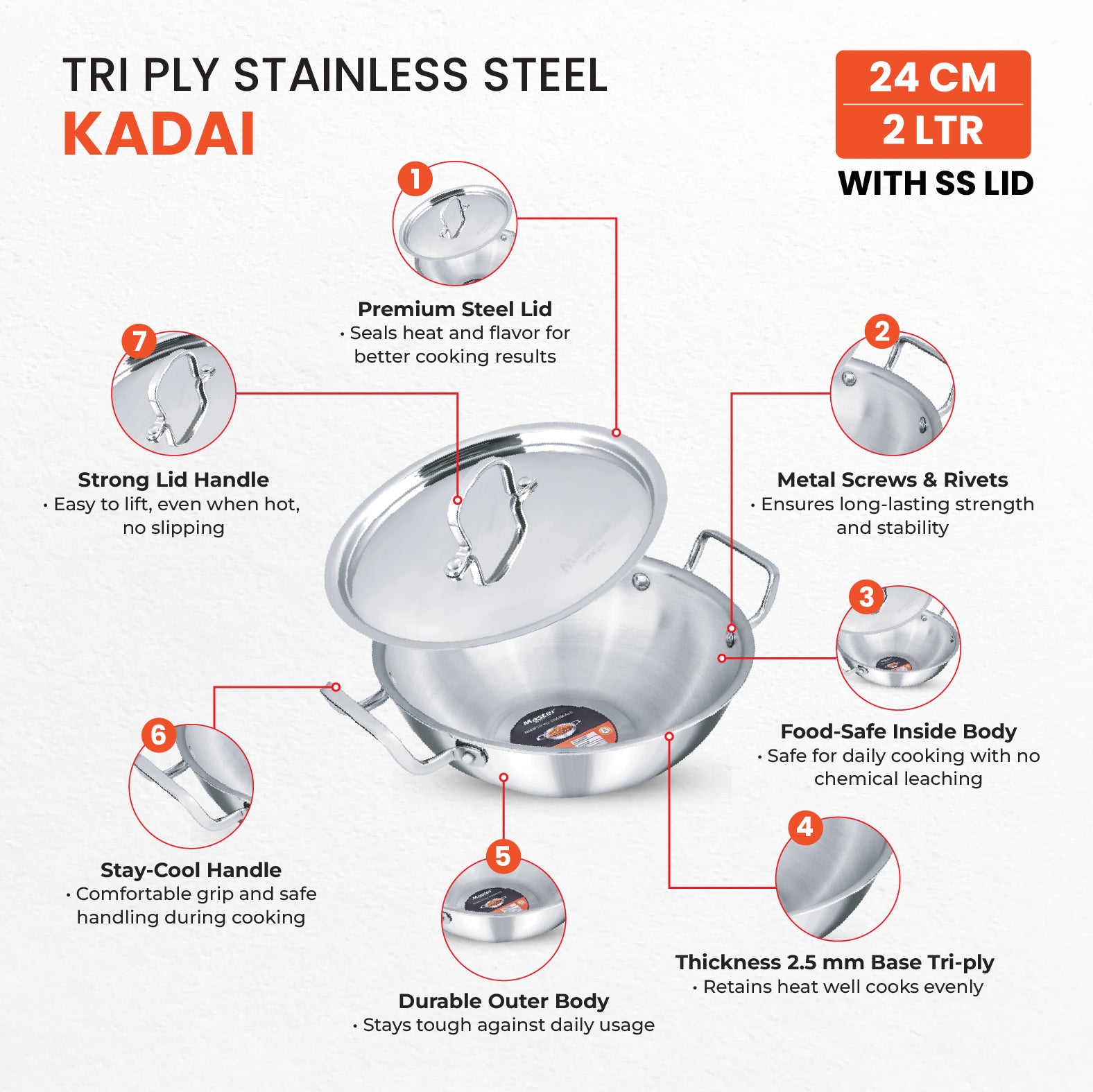 Titan 24 cm Kadai with Steel Lid - Master