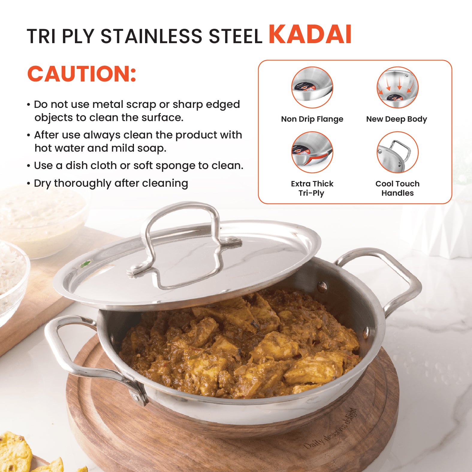 Titan 22cm Kadai with Steel Lid - Master