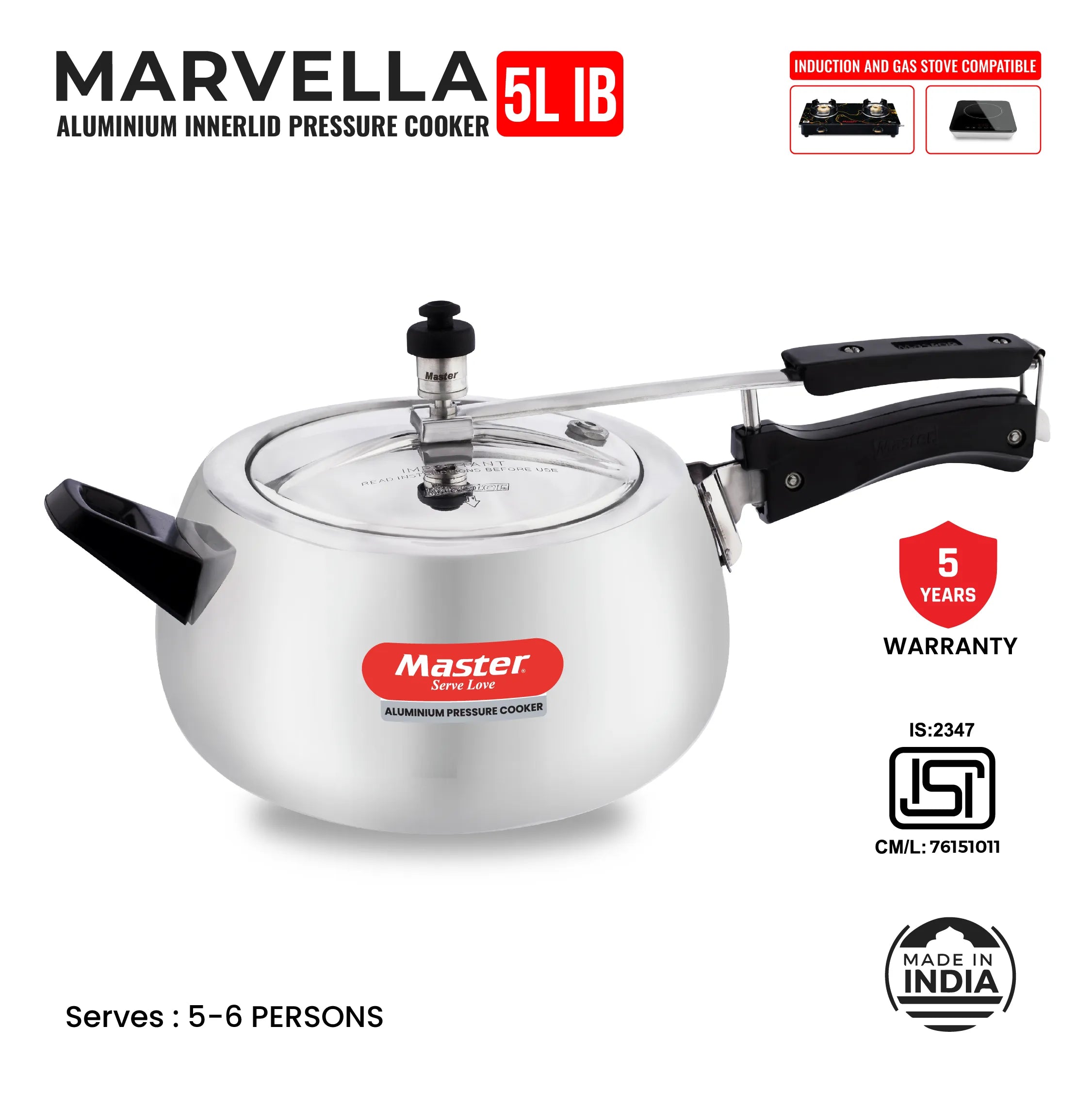 Marvella 5L Aluminium Inner Lid Pressure Cooker - Induction Base