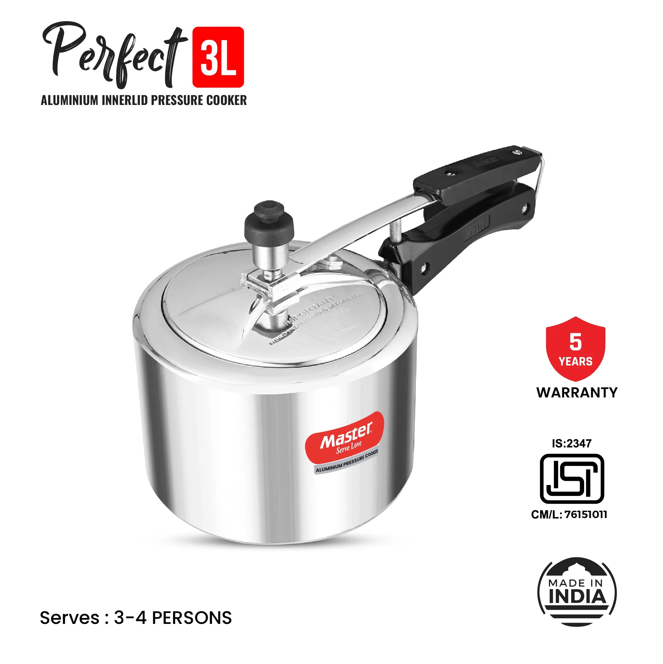 Perfect 3L Aluminium Inner Lid Pressure Cooker - Induction Base