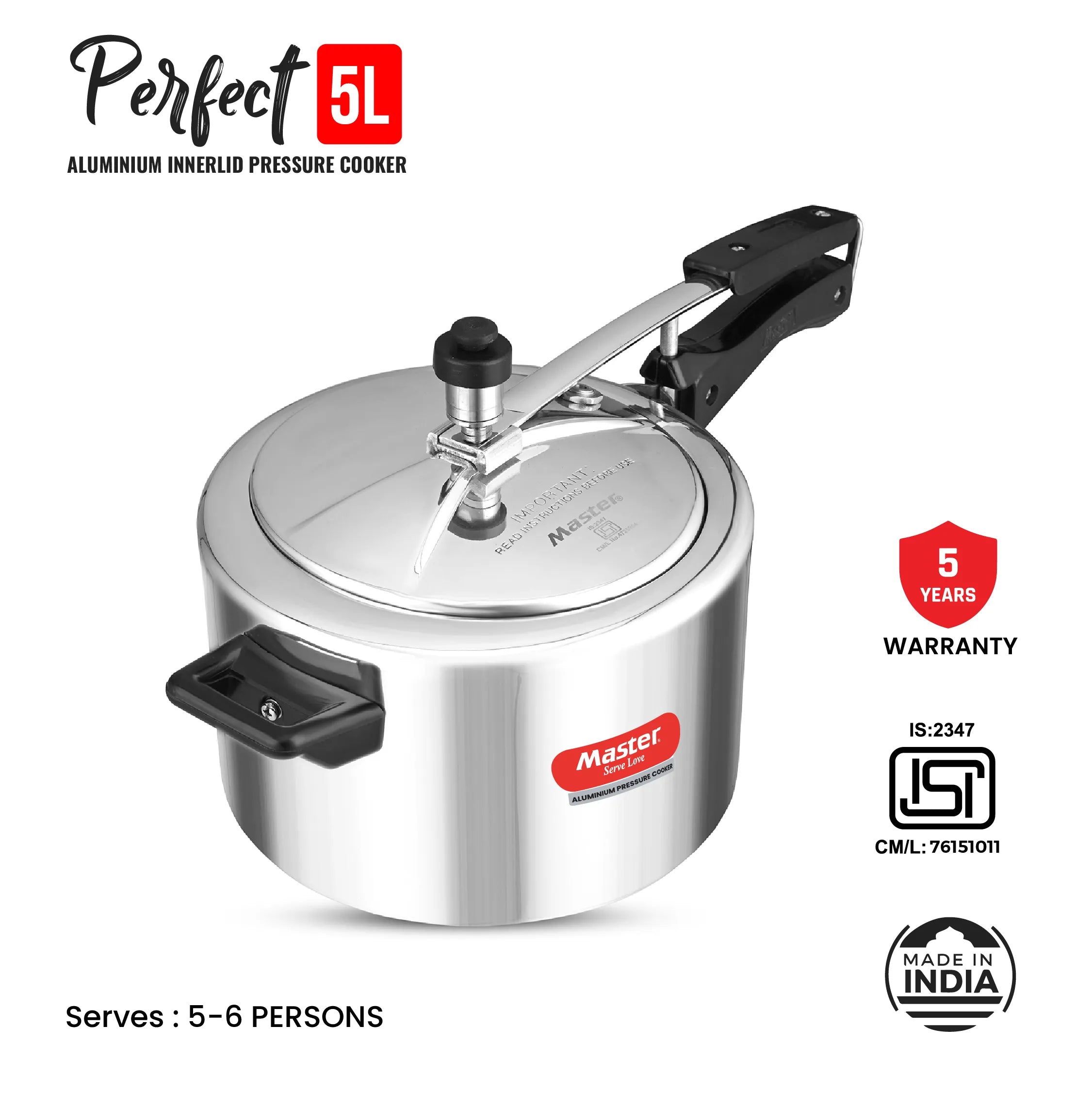 Perfect 5L Aluminium Inner Lid Pressure Cooker - Induction Base