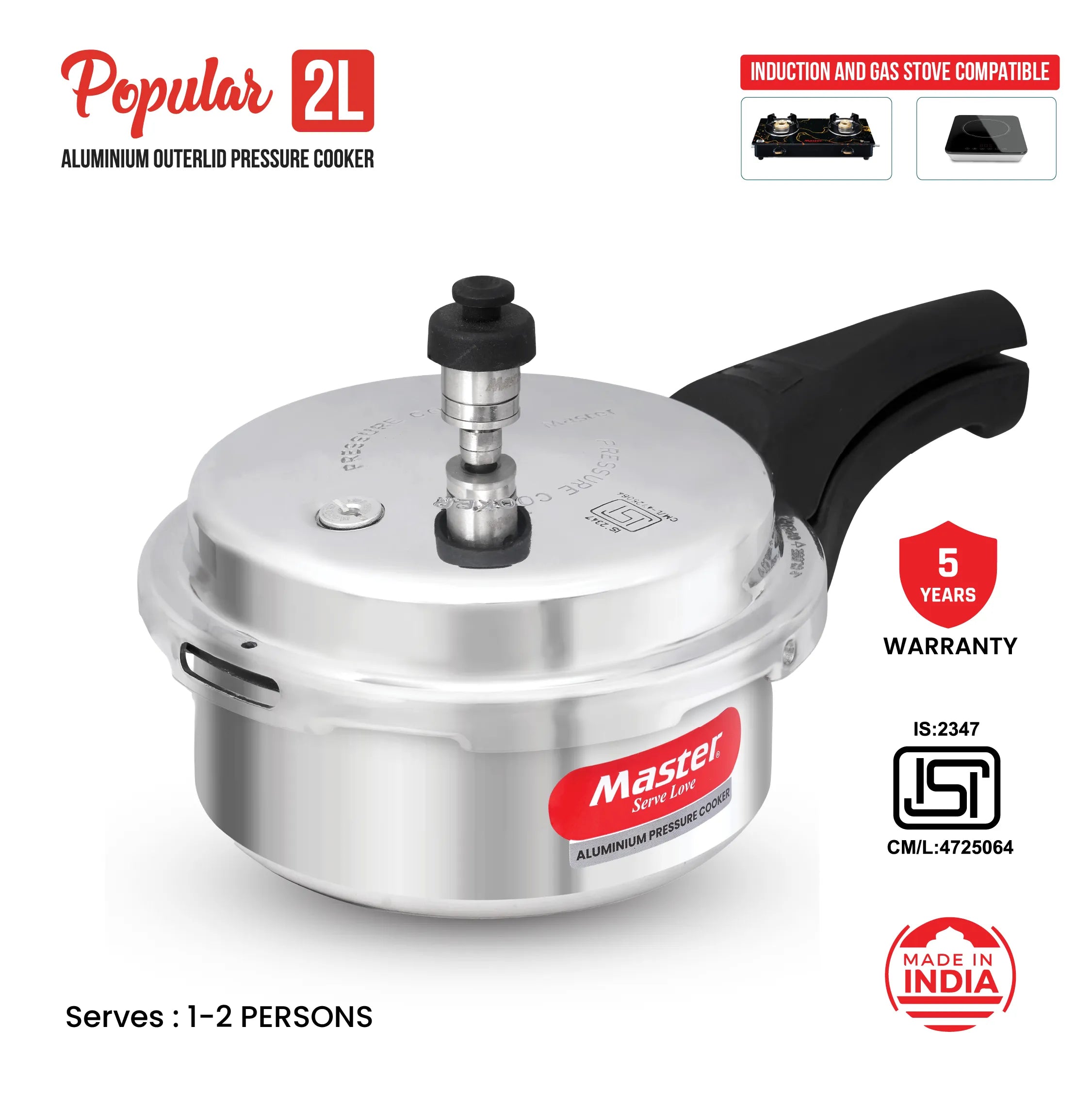 Popular 2L Aluminium Outer Lid Pressure Cooker - Induction Base