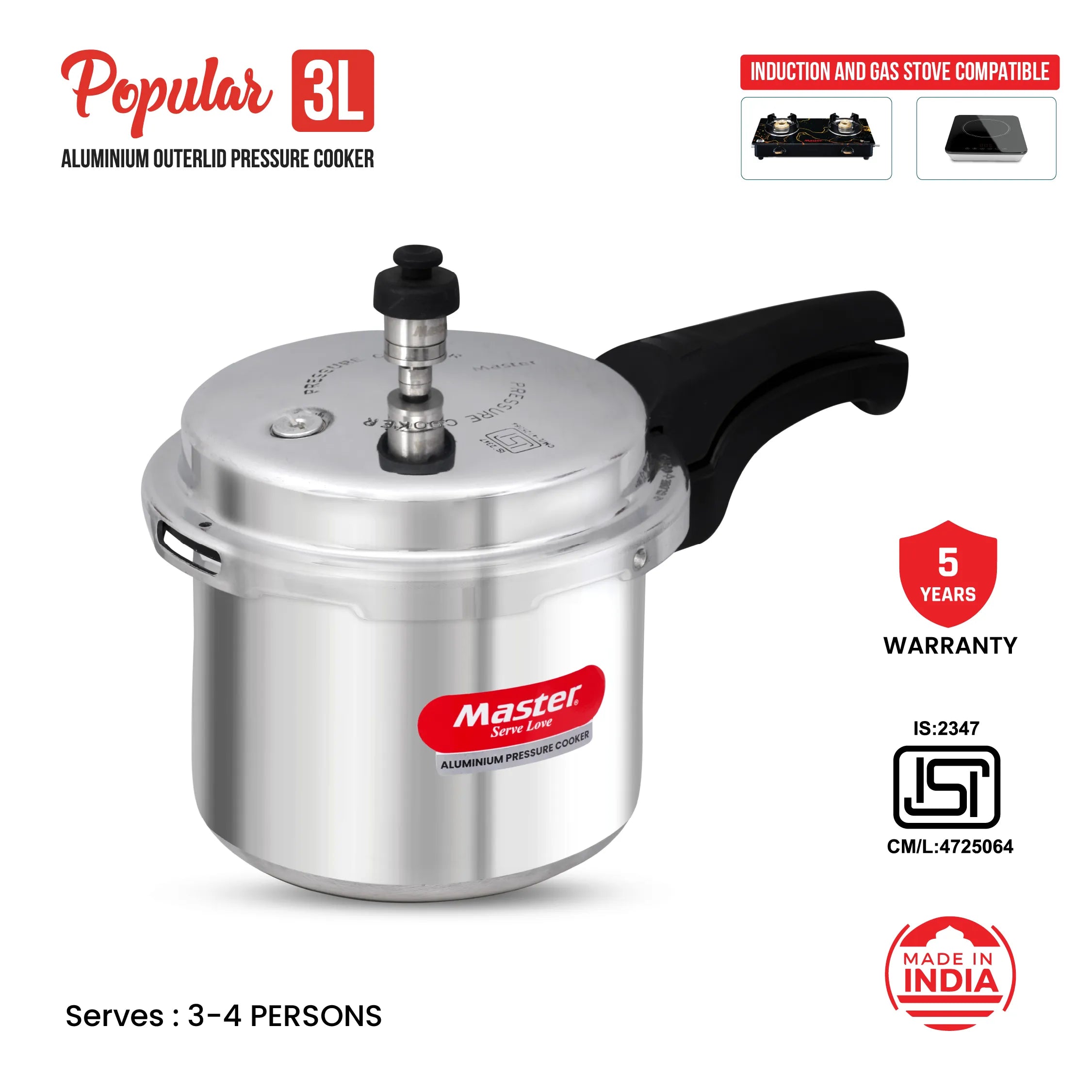 Popular 3L Aluminium Outer Lid Pressure Cooker - Induction Base