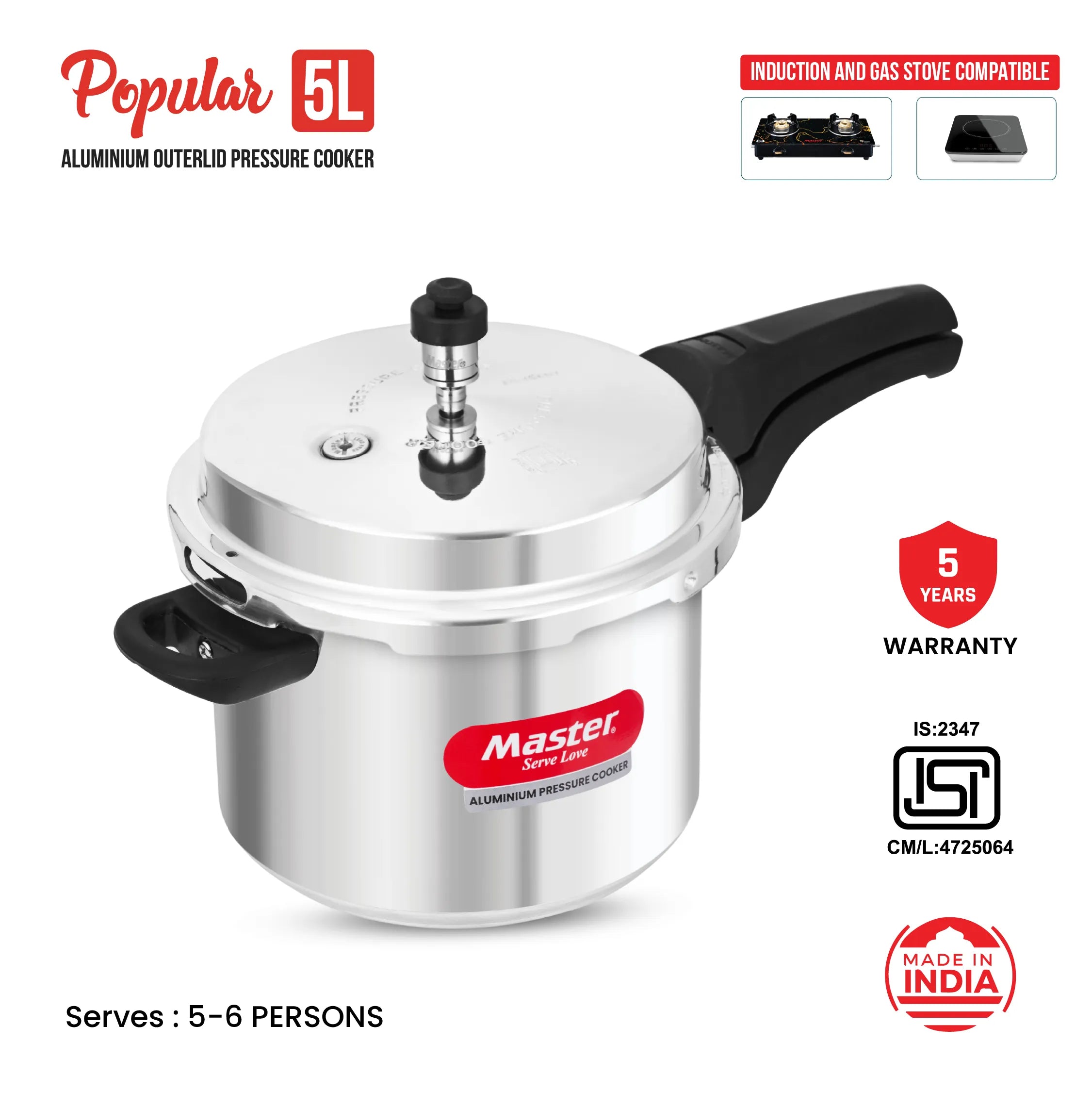 Popular 5L Aluminium Outer Lid Pressure Cooker - Induction Base