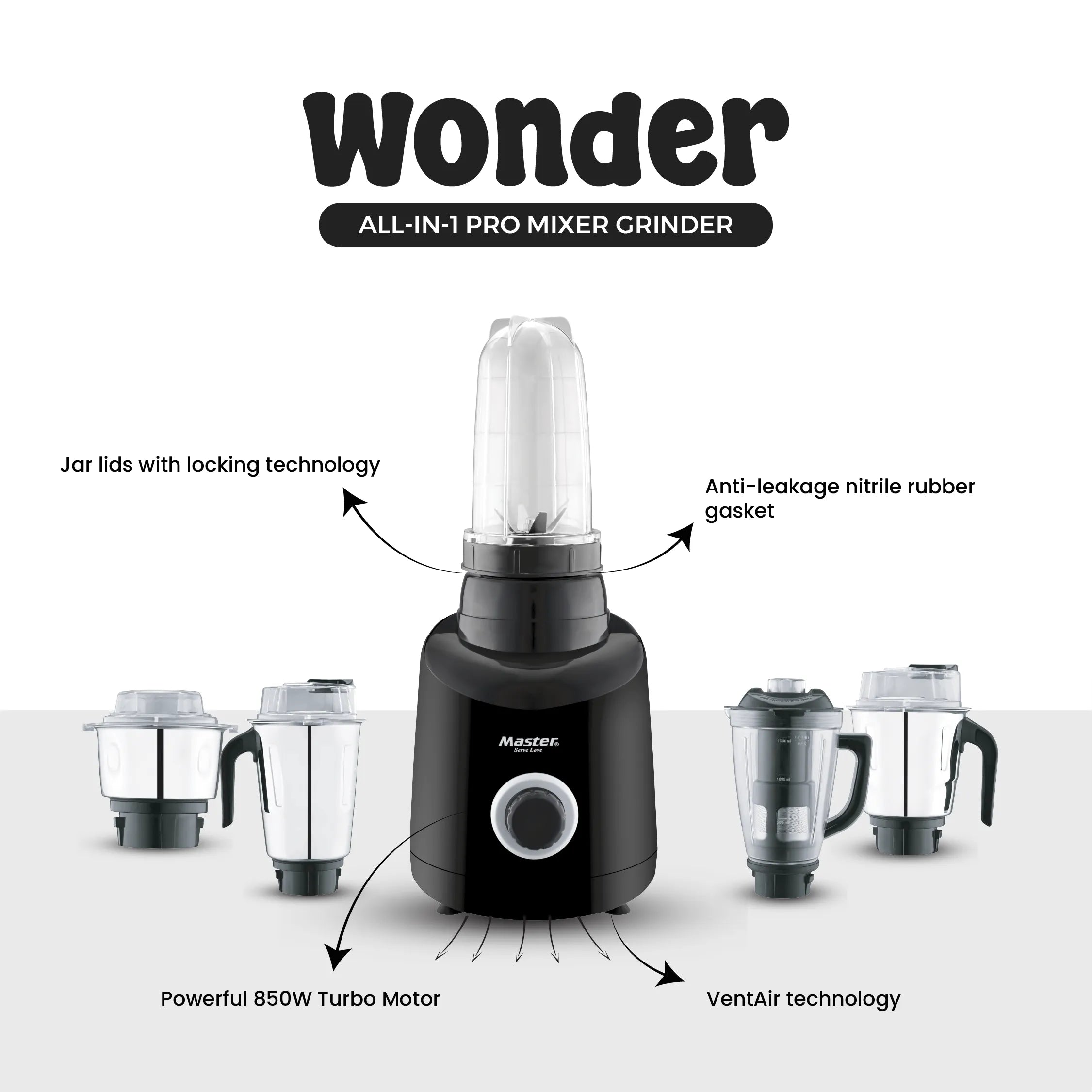 Wonder 850 W Mixer Grinder with 5 Jars (Grey) - Master