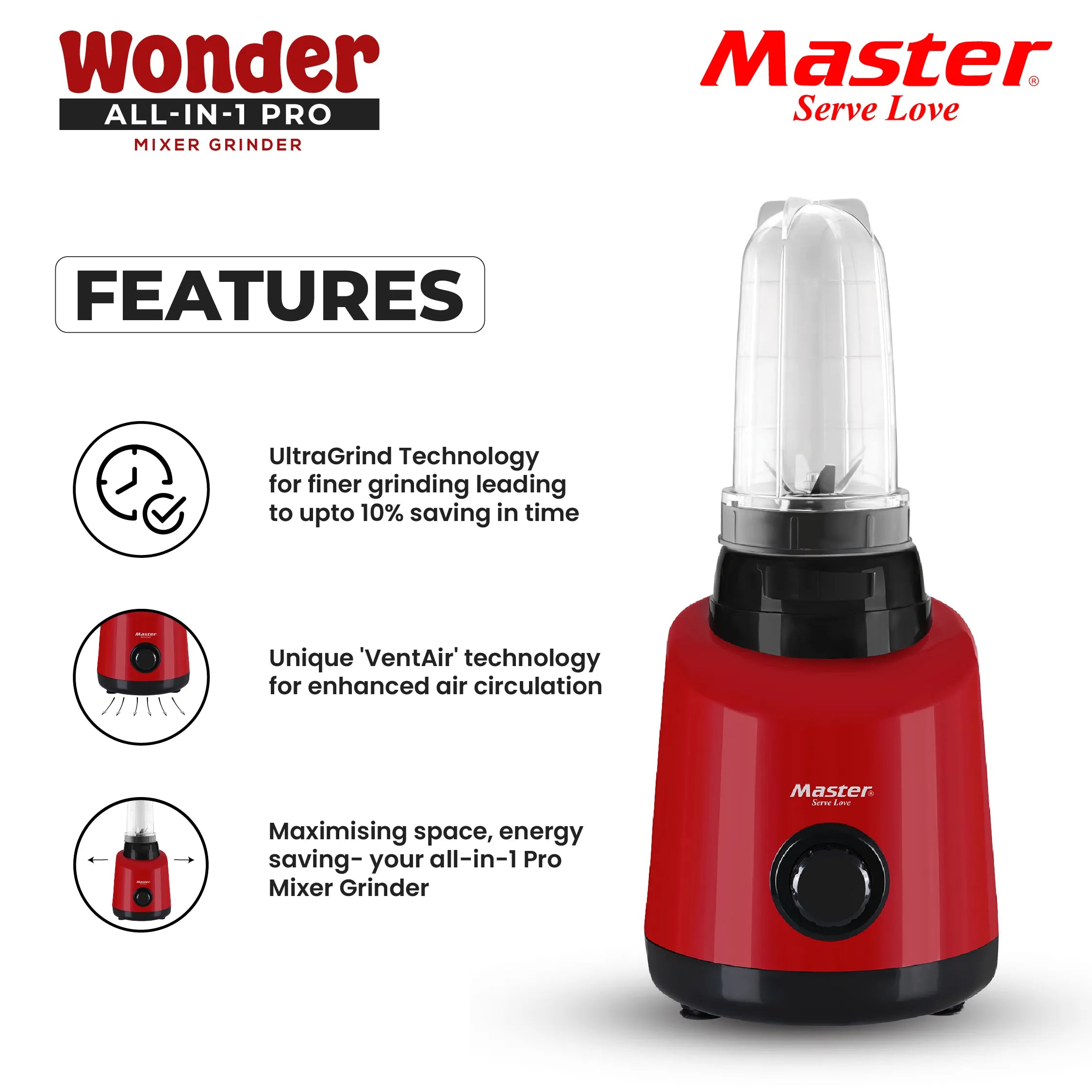 Wonder 850 W Mixer Grinder with 5 Jars (Red) - Master