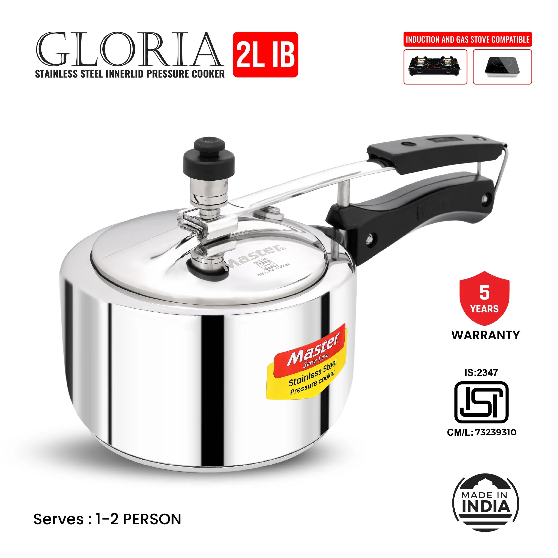 Gloria 2L Stainless Steel Inner Lid Pressure Cooker - Induction Base